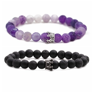 Crown Beaded Bracelet Natural Stone Lava Rock Agate Rhinestone Charm Elastic Jewelry For Men Women Unisex
