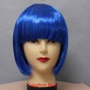 Short royal blue bob wig with flat bangs for children and students on mannequin