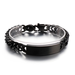 Men Stainless Steel Cuban Link Bracelet Polished Rectangular ID Plate Smooth Curb Chain Fashion Jewelry