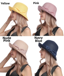 Collage of summer straw sun hats with bows in yellow, pink, dusty rose, and navy blue