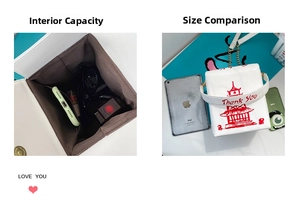 Internal storage and size comparison of white PU crossbody bag with red tower print