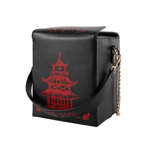 Detail of unique Chinese takeaway box crossbody bag with red pagoda and Thank You print