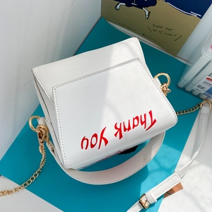 Creative white take-out bag shaped crossbody with red Thank You print and gold chain strap
