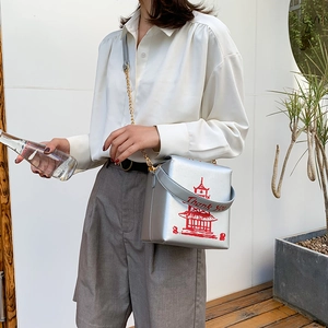 Detail view of silver square crossbody bag with red tower print and Thank You strap