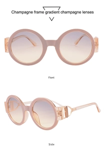 Front and side view of champagne round sunglasses with gradient lenses and metal detail