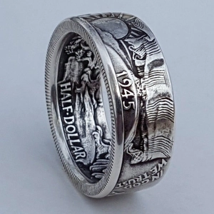 Vintage 1945 US half dollar coin ring with intricate eagle relief in silver finish