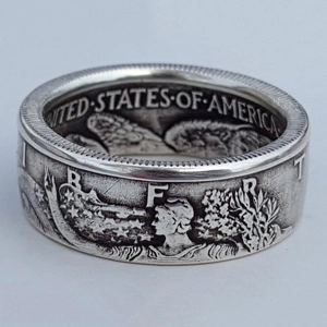 Antique silver Morgan coin ring featuring United States 1945 half dollar coin relief
