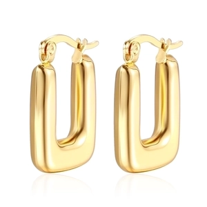 Close-up of polished 18K gold plated rectangular hoop earrings with mirror finish