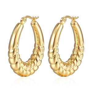Elegant gold stainless steel hoop earrings with textured wheat grain pattern for women