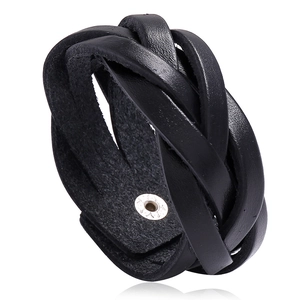 Men's Vintage Woven Cowhide Leather Bracelet Wide Multi-Strand Punk Retro Wristband With Snap Button