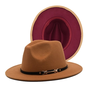 Classic two-tone wool felt fedora hat with elegant gold buckle and burgundy interior brim.