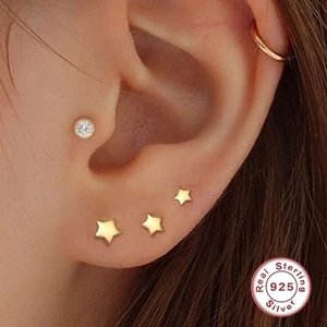 S925 sterling silver earring set with gold heart, star, and geometric zircon studs