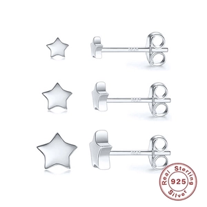 Set of 3 minimalist S925 sterling silver star stud earrings with polished finish