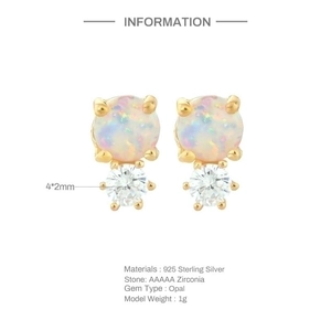S925 Sterling Silver Gold Opal Stud Earrings with AAAAA Zirconia Inlay for Women