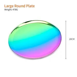 28cm rainbow stainless steel round decorative tray with iridescent gradient finish
