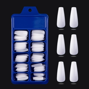 Detailed set of white coffin press-on nails in blue storage box with individual nail displays