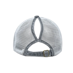 Grey and white washed cotton ponytail baseball cap featuring breathable mesh and metal buckle