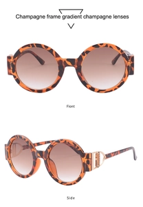 Detailed front and side views of round leopard print sunglasses with gradient lenses