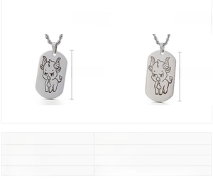 Size comparison of stainless steel zodiac ox military dog tags with laser engraving details