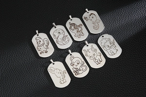 Detailed view of stainless steel pendants with engraved cartoon zodiac animals on leather