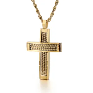 Men Cross Pendant Titanium Steel Cable Inlay Hip Hop Gothic Jewelry Accessory Punk Biker Style