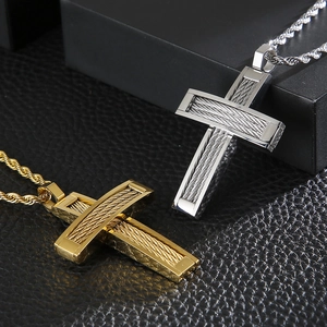 Hip hop titanium steel cross pendant necklace in gold and silver finish on black leather