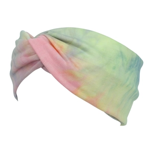 Detail of bohemian tie-dye elastic headband showing pink and green twisted fabric texture