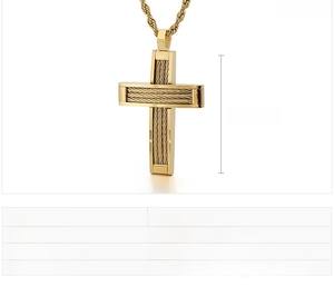 Detailed view of a gold stainless steel cross pendant showing 55x34mm dimensions
