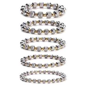 Stainless Steel Beaded Bracelet Two Tone Gold Silver Textured Elastic Waterproof Jewelry Gift For Couples Trendy