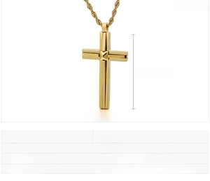 Detailed view of golden stainless steel cross pendant with twist chain and dimensions