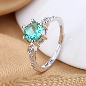 Adjustable Open Ring For Women Copper Lake Blue Round Cubic Zirconia Six Prong Setting Elegant Trendy Hand Jewelry
