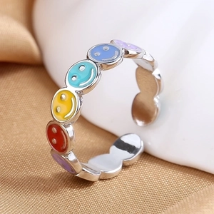 Colorful smiley face open ring with rainbow enamel dots on silver metal band for women