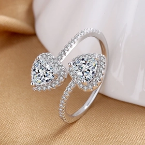 Double Heart Open Ring Copper Zircon Inlaid Adjustable Elegant Romantic Fashion Jewelry For Women