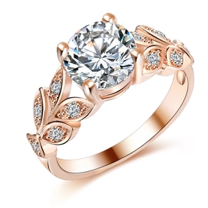 Leaf design engagement ring in rose gold with large round cubic zirconia center stone