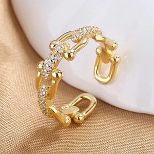 Geometric Chain Ring Copper White Zircon Open Adjustable Hollow Finger Jewelry For Women