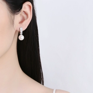 Elegant geometric pearl drop earrings with silver cubic zirconia hoops for women