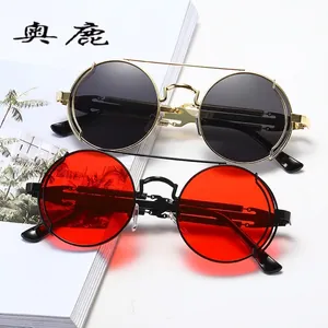 Retro steampunk round sunglasses with metal frame and spring temple design for men and women