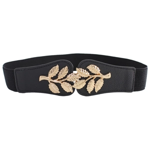 Elegant black elastic waist belt with gold leaf metal buckle for women's dresses