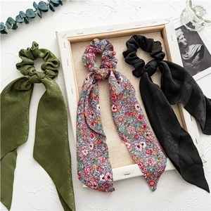 Floral and satin long ribbon scrunchies set in olive, lavender and black colors