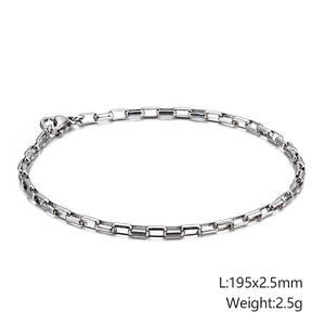 Detail of stainless steel box chain bracelet showing lobster clasp and 195mm length measurement