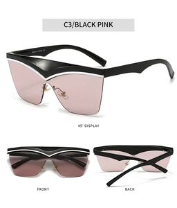 Schwarze Cat-Eye Sonnenbrille mit rosa Gläsern und silbernen Akzent-Designlinien