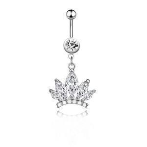 Silver stainless steel belly button ring with sparkling crown pendant and clear zircon