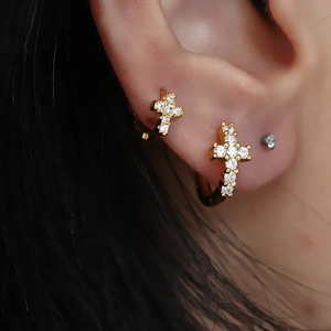 Exquisite S925 silver gold hoop earrings with sparkling crystal cross dangles for women