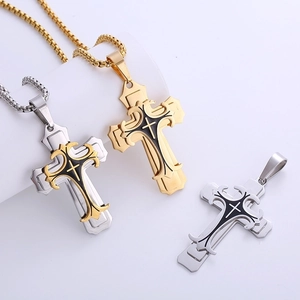 Three-layer stainless steel cross pendant necklace with box chain in mixed metal finishes
