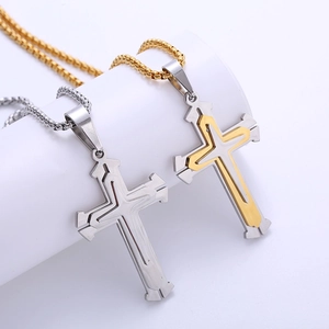 Minimalist multi-layer stainless steel cross necklaces in silver and two-tone gold finish