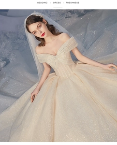 Macro detail of the champagne off-shoulder wedding dress with sequins and stars