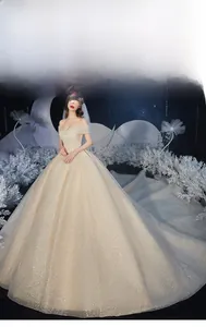 Detailed view of champagne starry wedding dress featuring heavy beadwork and sequins
