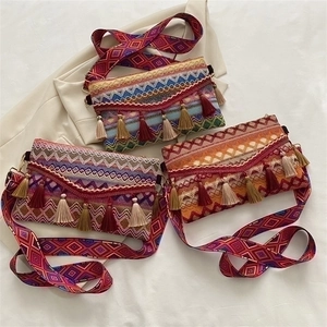 Bohemian Woven Crossbody Bag Women Colorful Tassels Ethnic Geometric Pattern Wide Strap Canvas Zipper Clutch