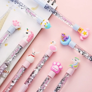 Cute cartoon quicksand gel pens set with silicone animal caps and silver glitter