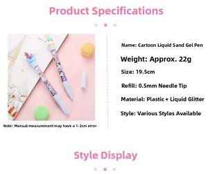 Detail view of cartoon liquid glitter gel pen with unicorn topper and 0.5mm tip